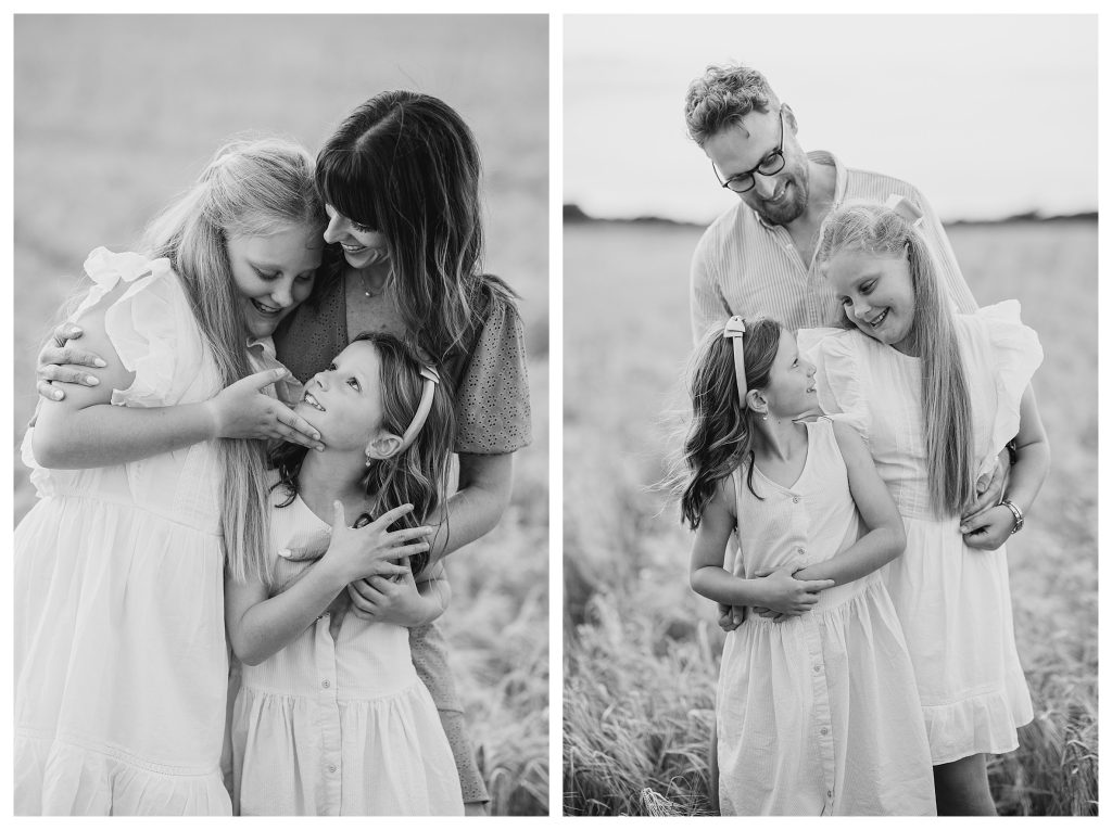 golden hour family shoot in Hampshire with Hampshire Photographer Lucylou Photography captures a natural golden hour moment of a blended family stood in a barley field. Photos are in black and white