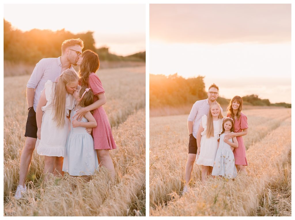 golden hour family shoot in Hampshire with Hampshire Photographer Lucylou Photography captures a natural golden hour moment of a blended family stood in a barley field.