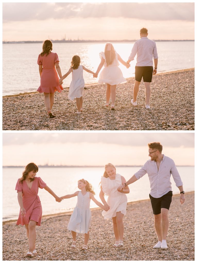 Golden Hour Family Shoot in Hampshire - Golden hour family photography in Hampshire at Meon Shore beach. A blended family of four walk hand in hand along the shoreline, smiling and laughing together, with the sun reflecting on the water behind them
