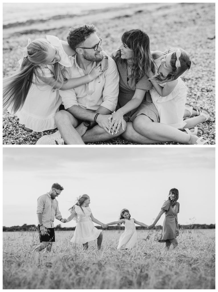 Hampshire family photographer captures a natural golden hour moment of a blended family sitting at Meon Shore. Parents Elliott and Chantelle sit close, smiling at each other, while their daughters lean in with hugs and laughter in soft evening light. Walking through barley fields in the image second image, both in black and white