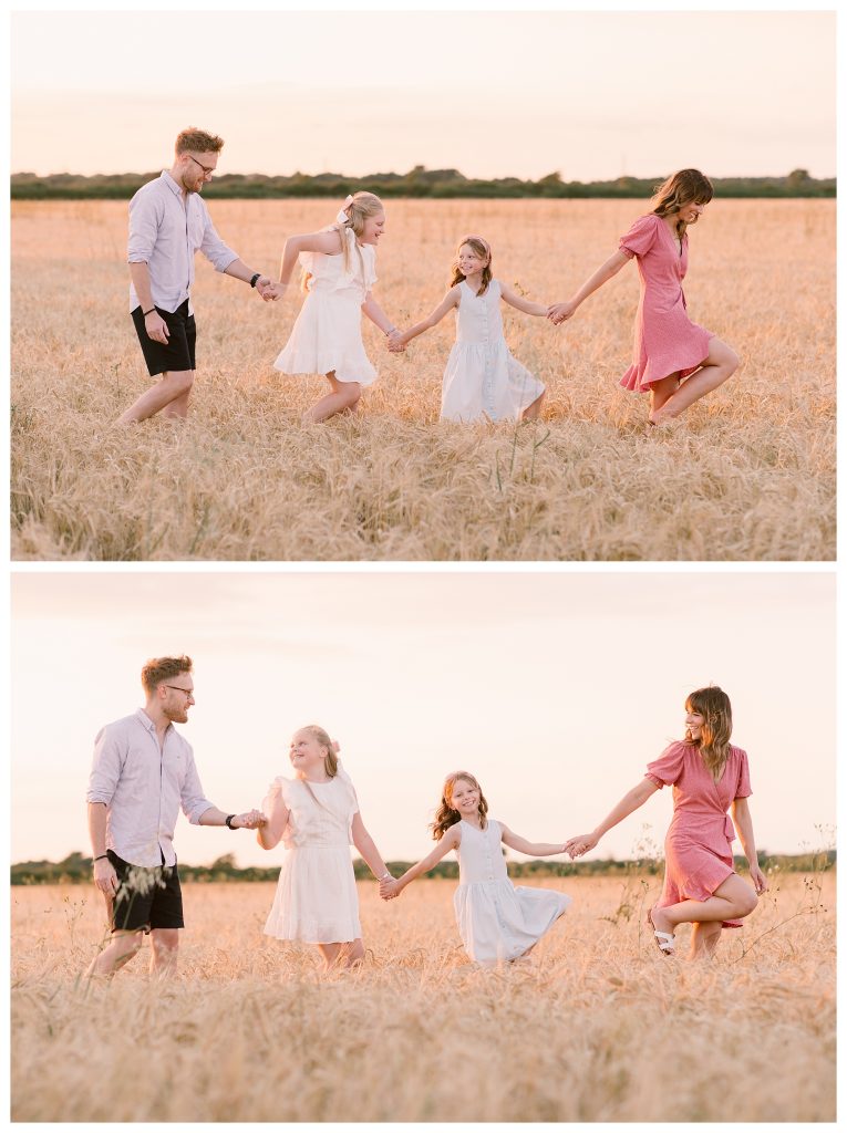 golden hour family shoot in Hampshire with Hampshire Photographer Lucylou Photography - Family walking through Barley fields
