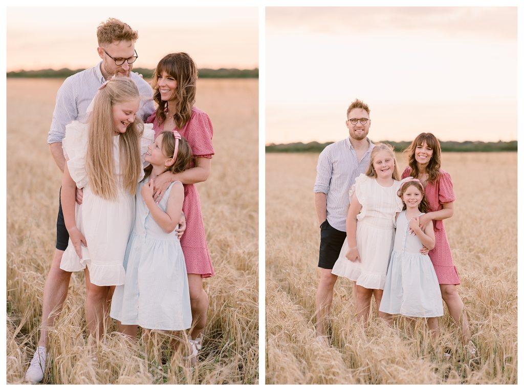 golden hour family shoot in Hampshire with Hampshire Photographer Lucylou Photography captures a natural golden hour moment of a blended family stood in a barley field