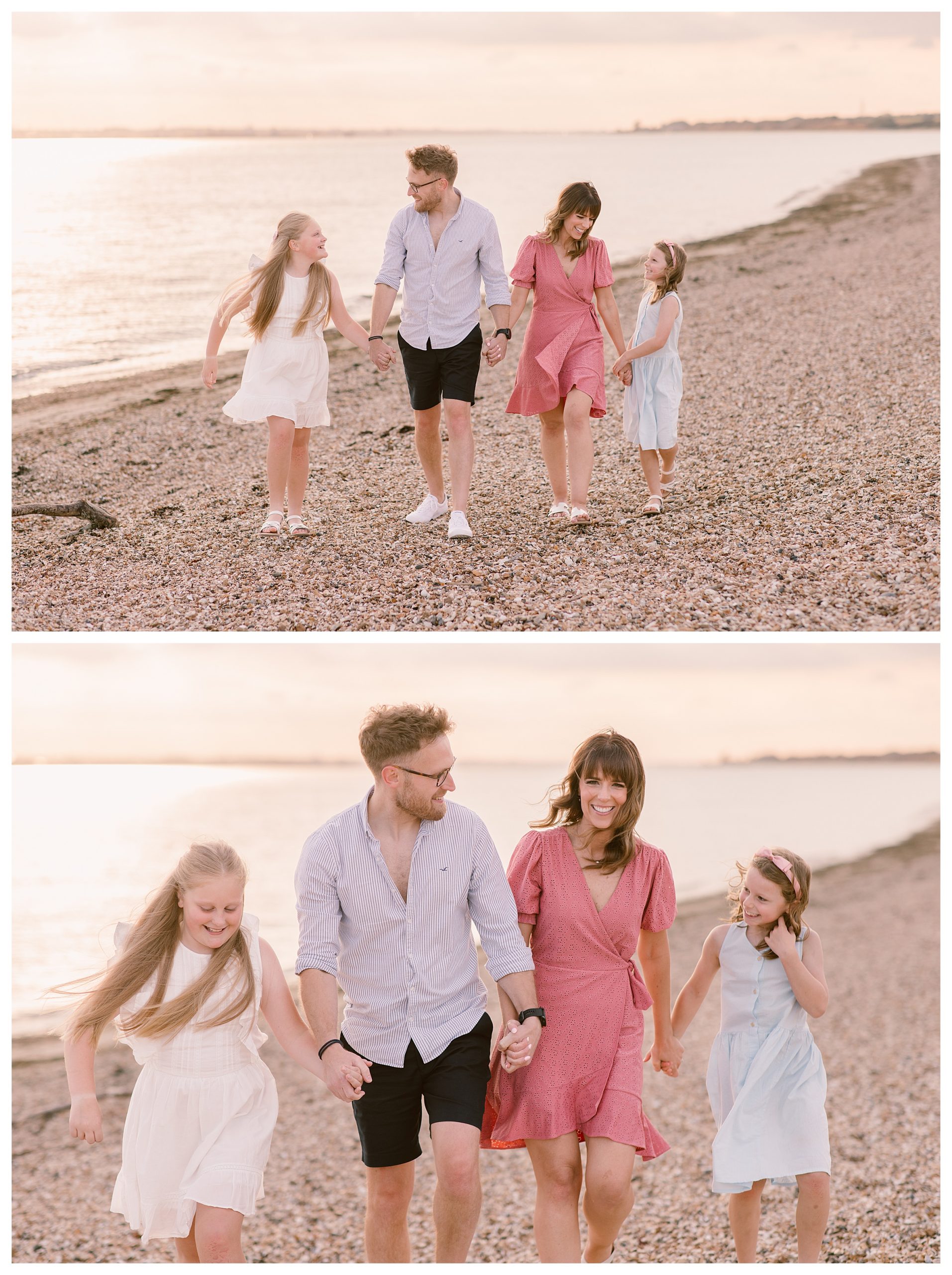 Golden Hour Family Shoot in Hampshire - Golden hour family photography in Hampshire at Meon Shore beach. A blended family of four walk hand in hand along the shoreline, smiling and laughing together, with the sun reflecting on the water behind them | 10 Best Locations for a Family Photoshoot in Hampshire