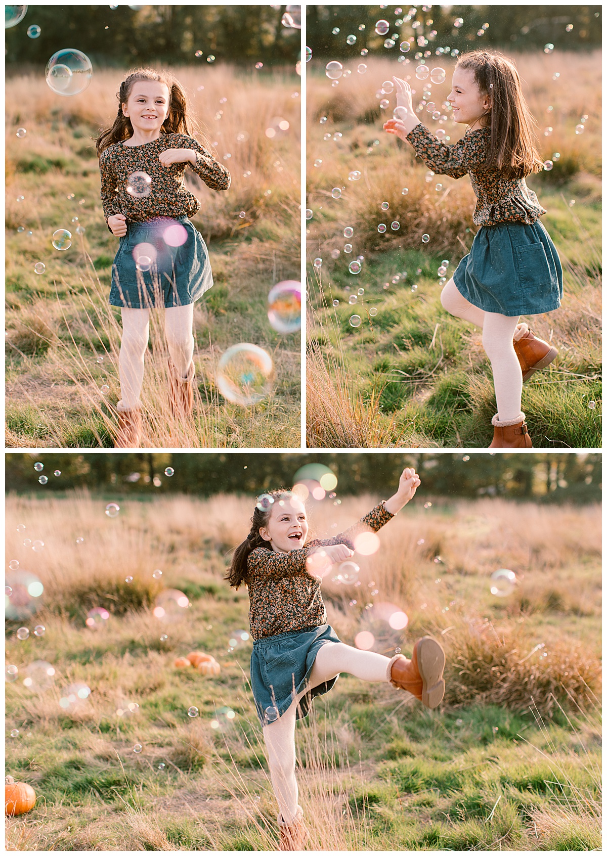 Natural family photos - little girl playing with bubbles, jumping about with a big grin on her face