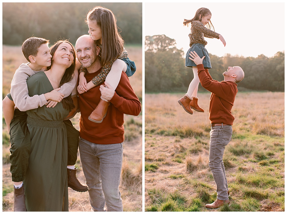 Hampshire Family Photographer - Lucylou Photography - dad throwing his daughter up in the air and family photo side by side with everyone cuddling, little girl on her dad's shoulders and boy having a piggy back on his mum