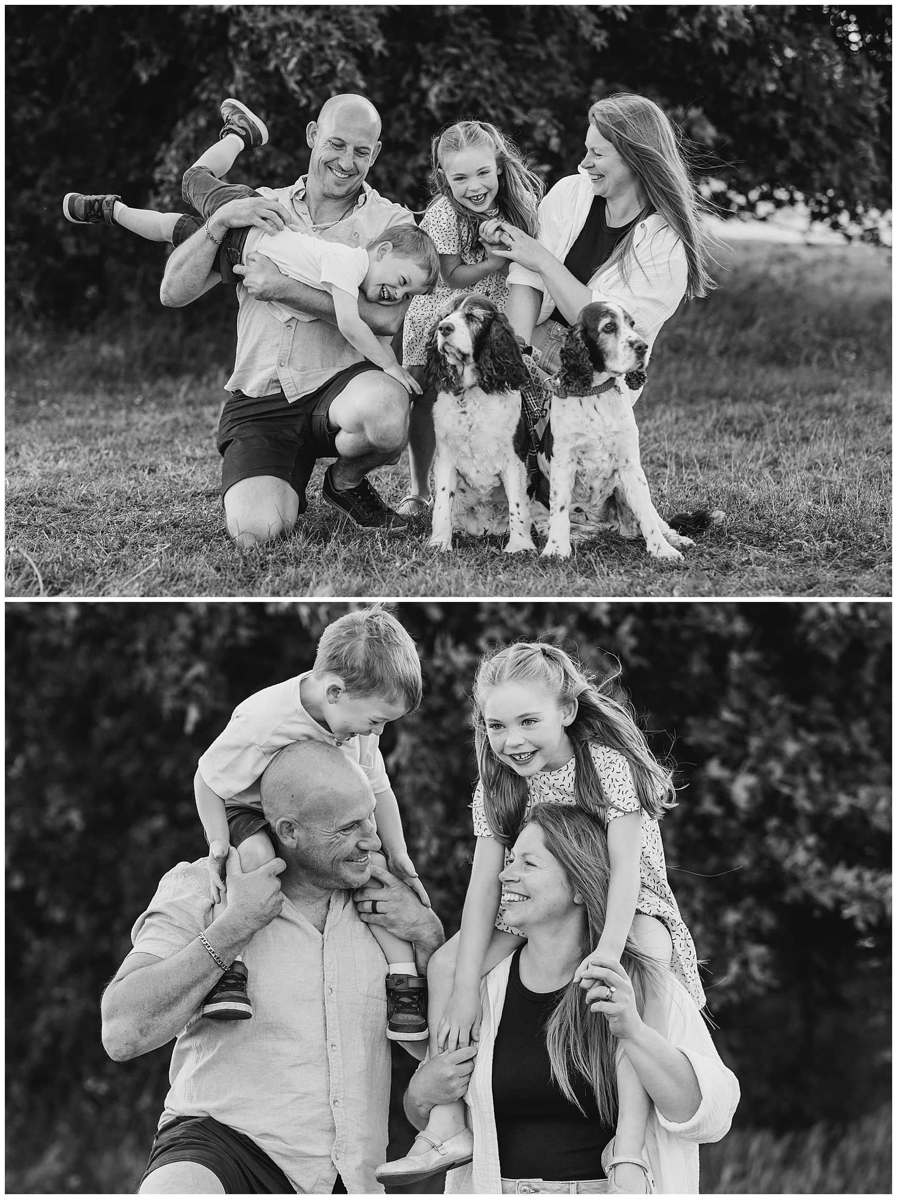 How to Make Family Photos Fun for Kids - Black and white photos of young family tickling each other and laughing plus shoulder rides for the kids