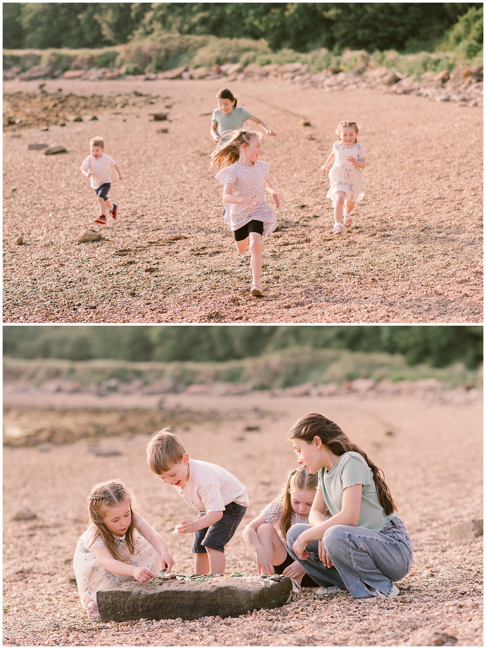 How to Make Family Photos Fun for Kids - kids playing together and running on stoney beach