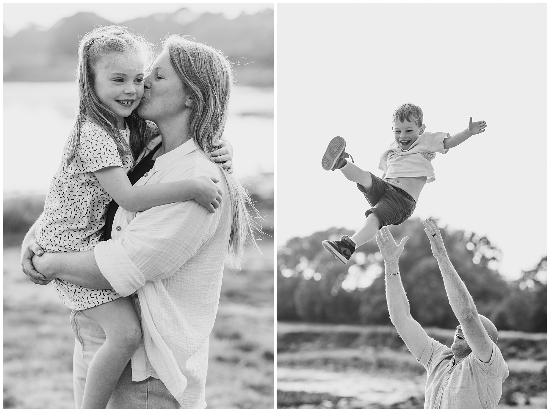 Hampshire Family Photographer - Black and white photos of mum kissing daughter on cheek and dad throwing son into the air 