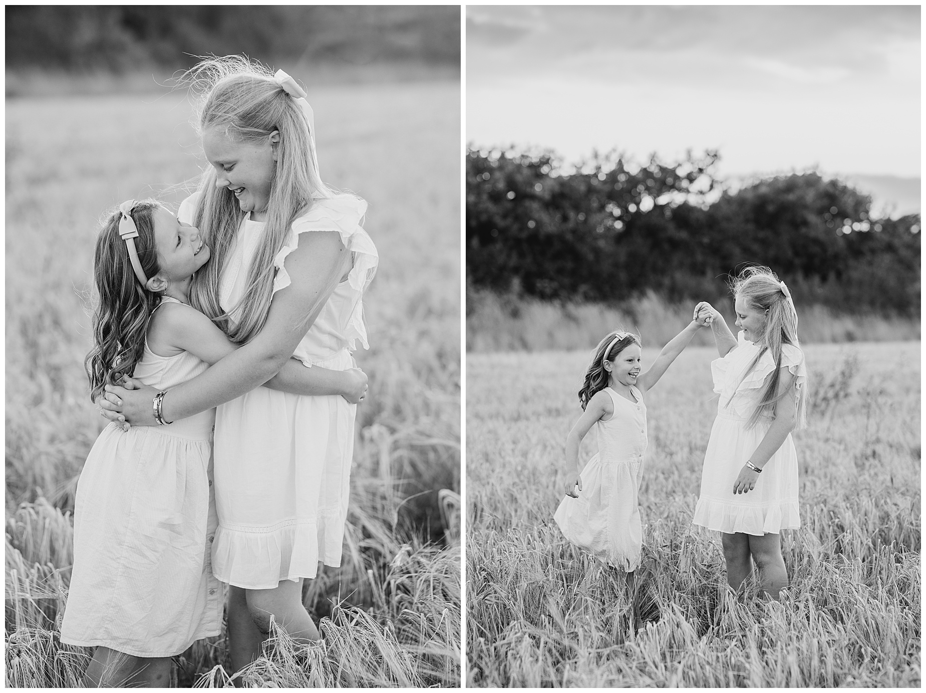 Two young girls cuddling and dancing in a field - Black and white photos