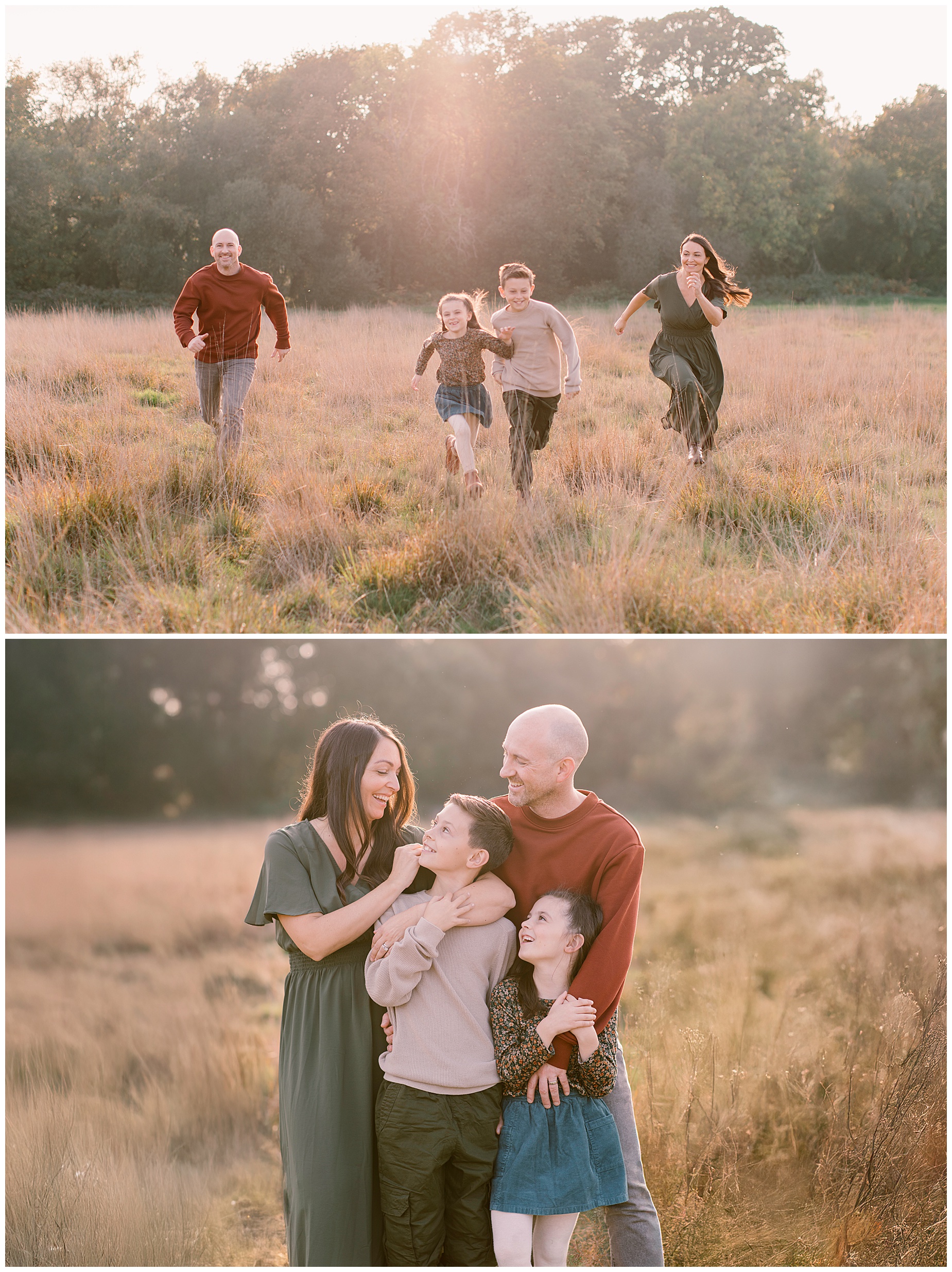 How to Make Family Photos Fun for Kids - Family running having a race, all smiling and then cuddling and looking at each other in the 2nd photo