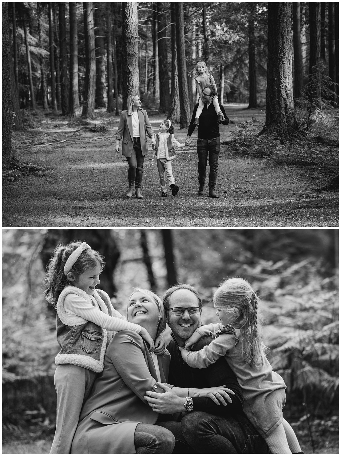black and white photos of family walking together and then tickling each other and laughing | New Forest Family Photography in Hampshire