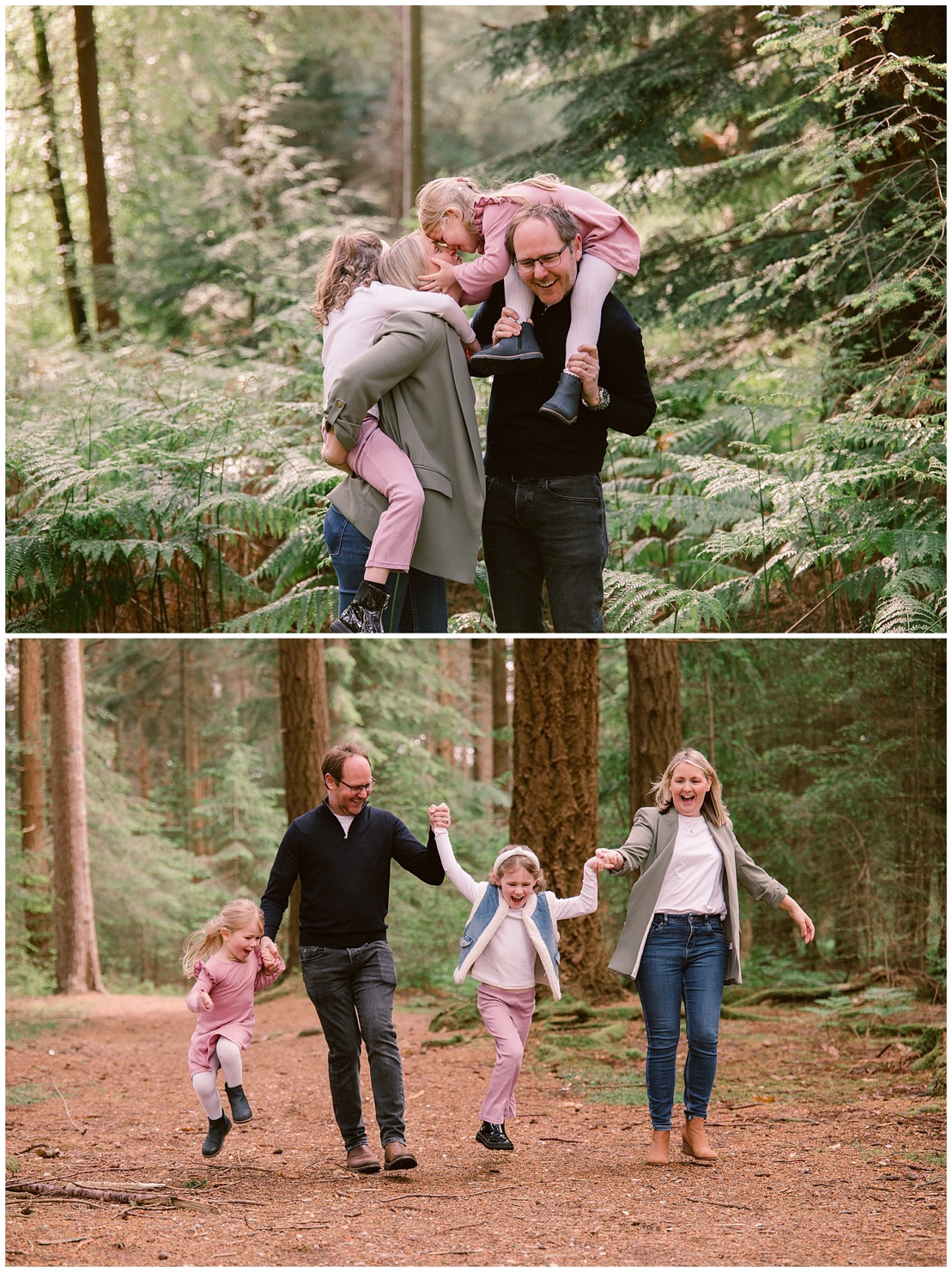 Parents holding their daughter's hands as they walk along a log and then snuggling into each other with a smile and a cuddle | New Forest Family Photography in Hampshire