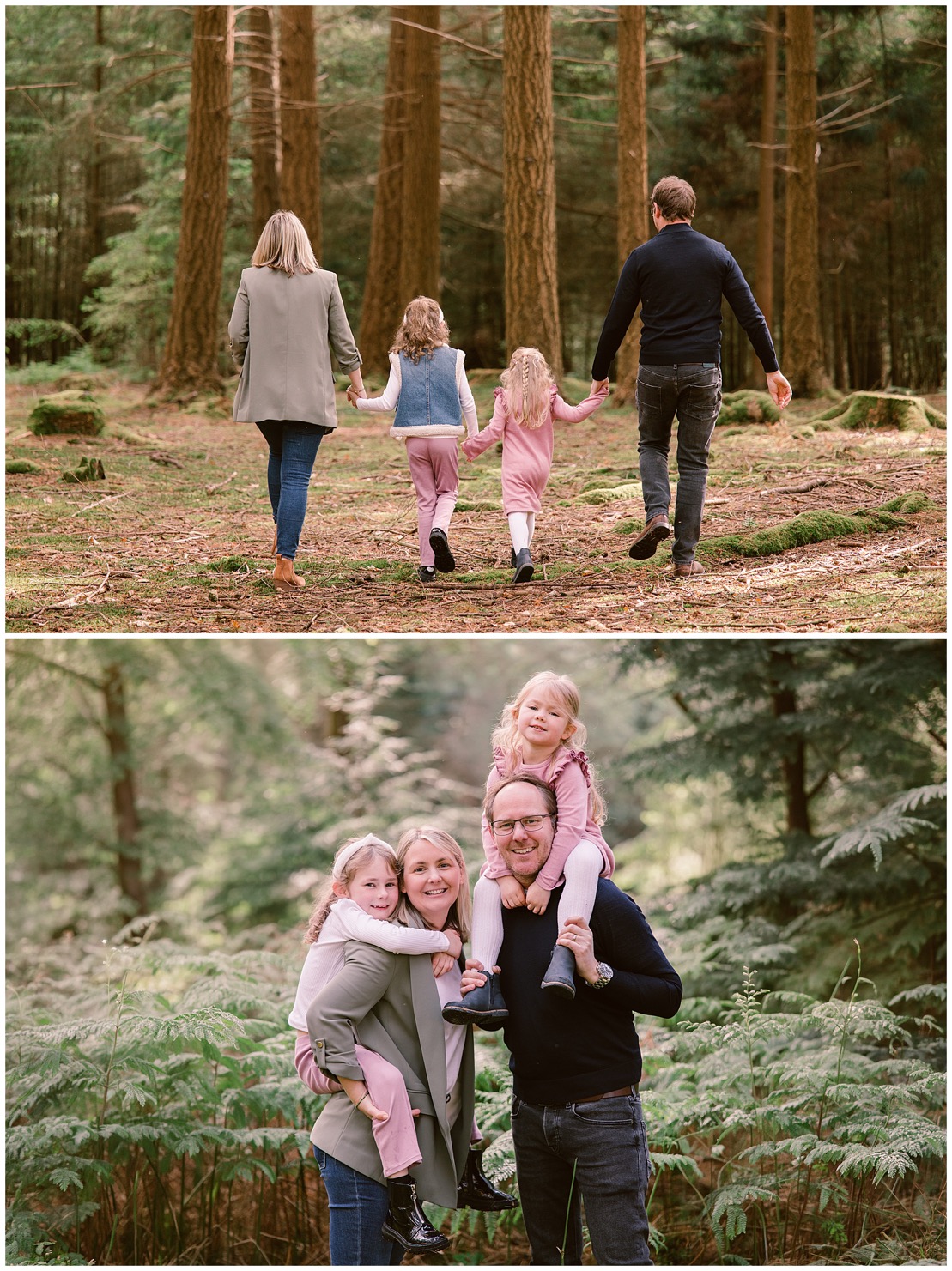 family walking away together from behind and a second photo of them huddled together smiling at the camera with piggy back and shoulder ride | New Forest Family Photography in Hampshire