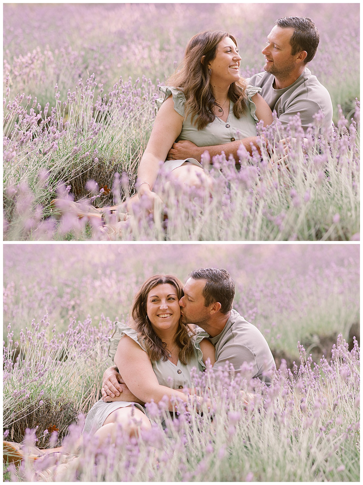 Couple sat in the lavender smiling at each other