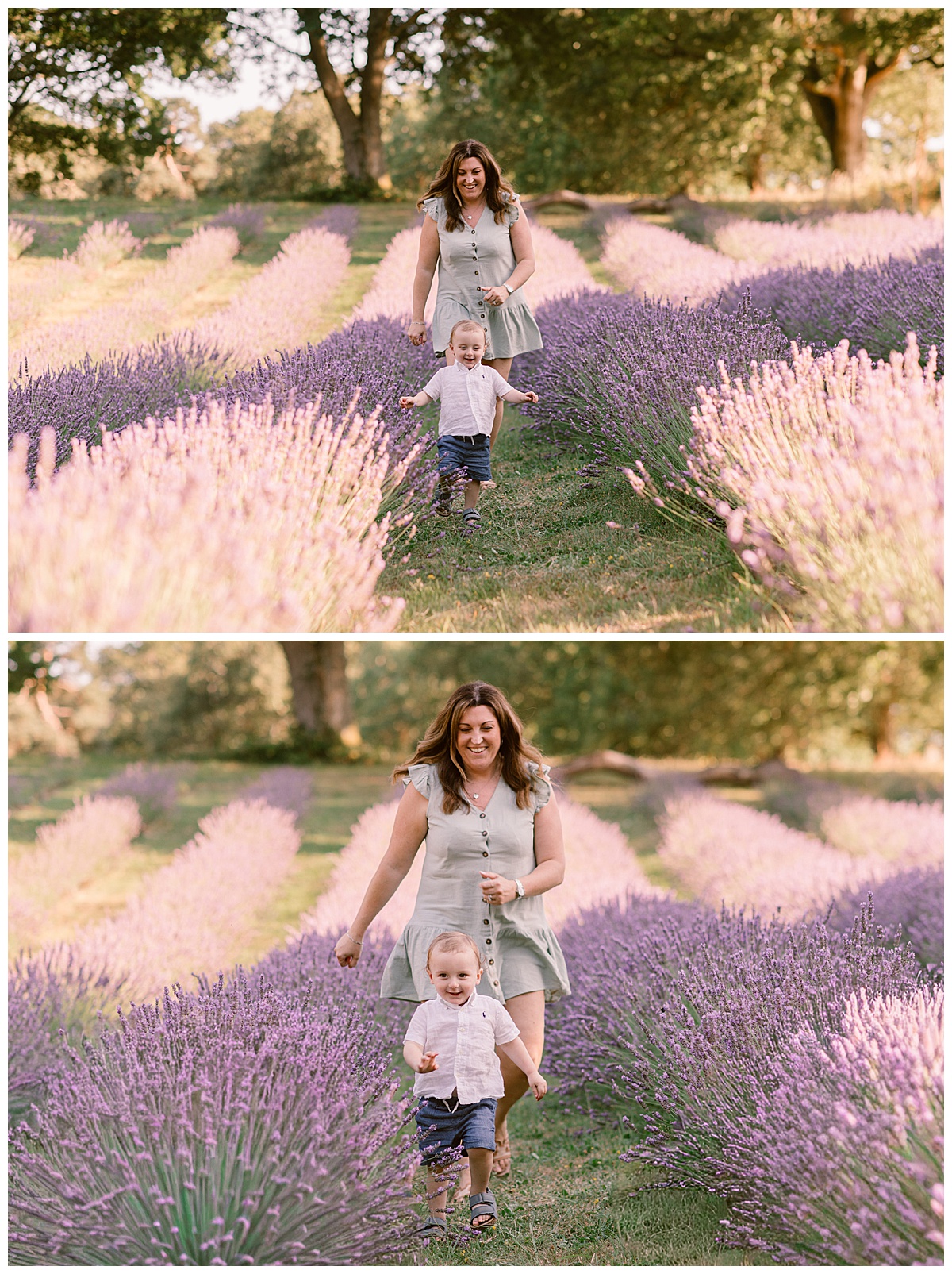 mother and son running through lavender fields